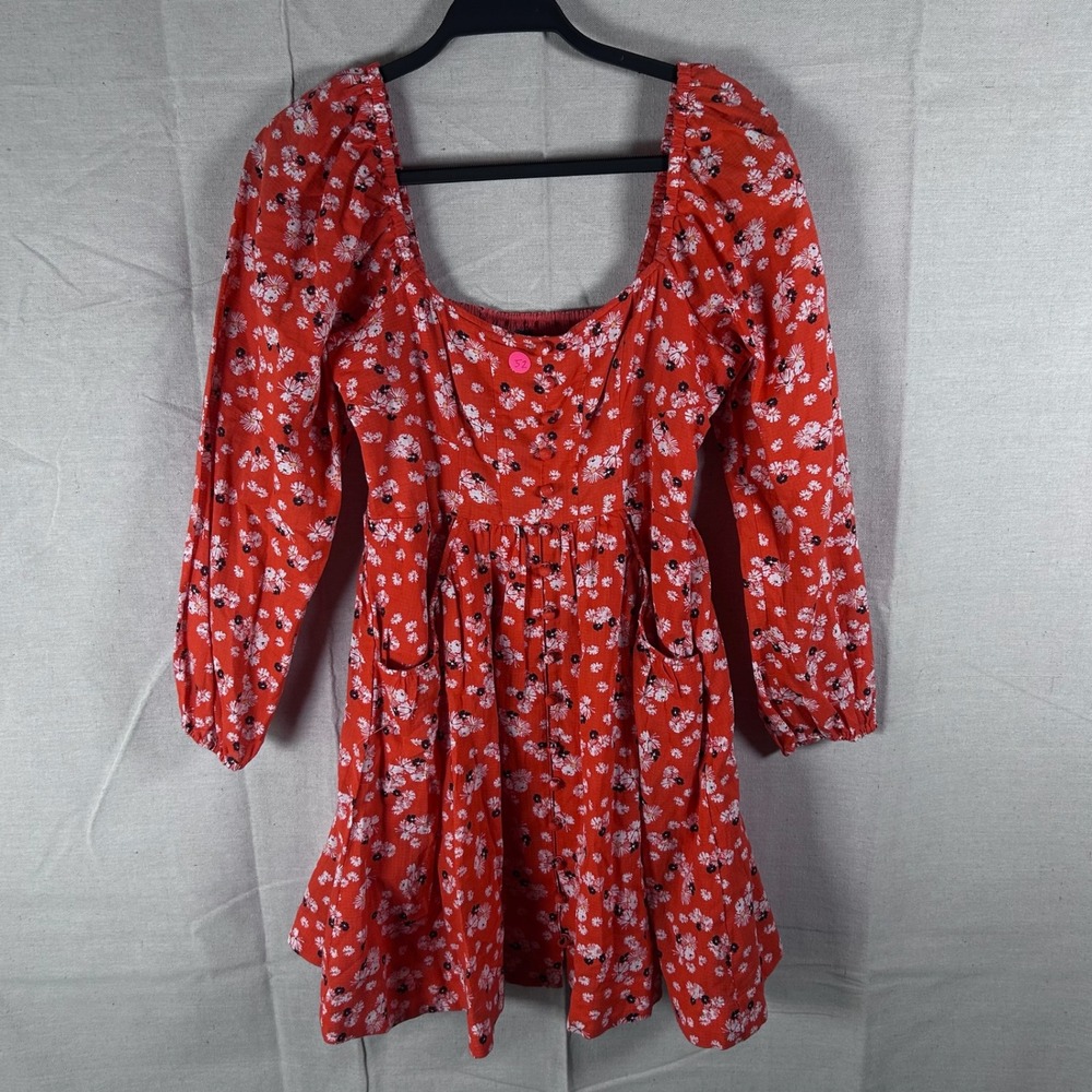 Anthropologie Red‎ Floral Cotton Mini Dress Square Neck Puff Sleeve Size S